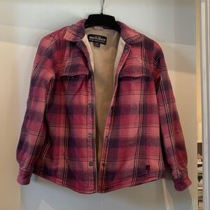 Woolrich Pink and Plum Plaid Sherpa-Lined Flannel Shirt Jacket